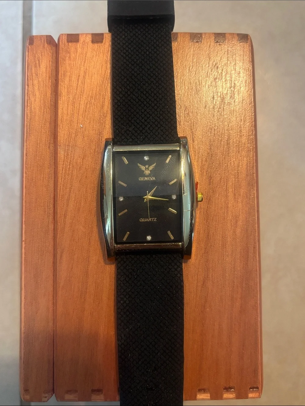 Geneva Black Rectangular Dial Men's Quartz Watch with Gold Accents